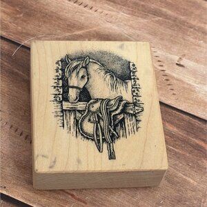 1996 PSX G-1874 HORSE IN BARN WOOD MOUNTED RUBBER STAMP SADDLE
